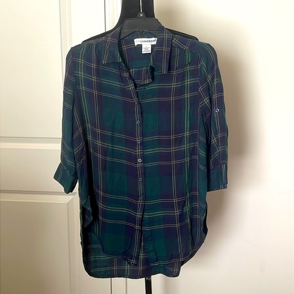 Sag Harbor Tops - Sag Harbor Green Plaid 3/4 Sleeve Button Down Shirt Size L
